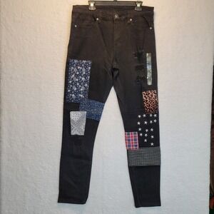 Rue21 Premium Men Supreme Flex Skinny Distressed Denim Black Jeans Patches 33x34